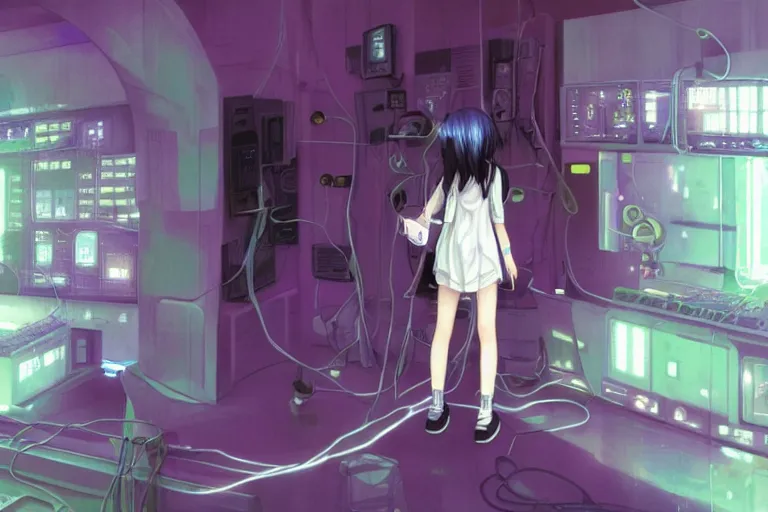 Image similar to serial experiments lain, teen girl, wired landscape, cyberpunk, volumetric lighting, photo realistic, digital art, anime background, violet colour palette, very detailed faces, art by range murata and yasuyuki ueda