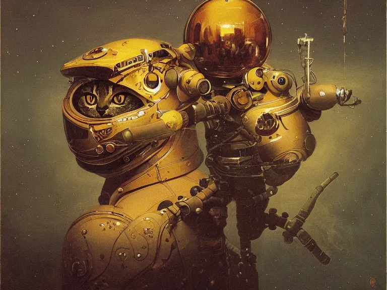 Image similar to a detailed profile painting of a cat in a spacesuit, symmetrical and science fiction theme by beksinski carl spitzweg and tuomas korpi. baroque elements, full-length view. baroque element. intricate artwork by caravaggio. Trending on artstation. 8k