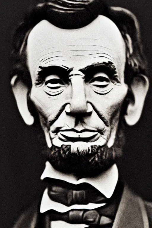 Prompt: Abraham Lincoln smiling, portrait, full body, symmetrical features, silver iodide, 1880 photograph, sepia tone, aged paper, Sergio Leone, Master Prime lenses, cinematic
