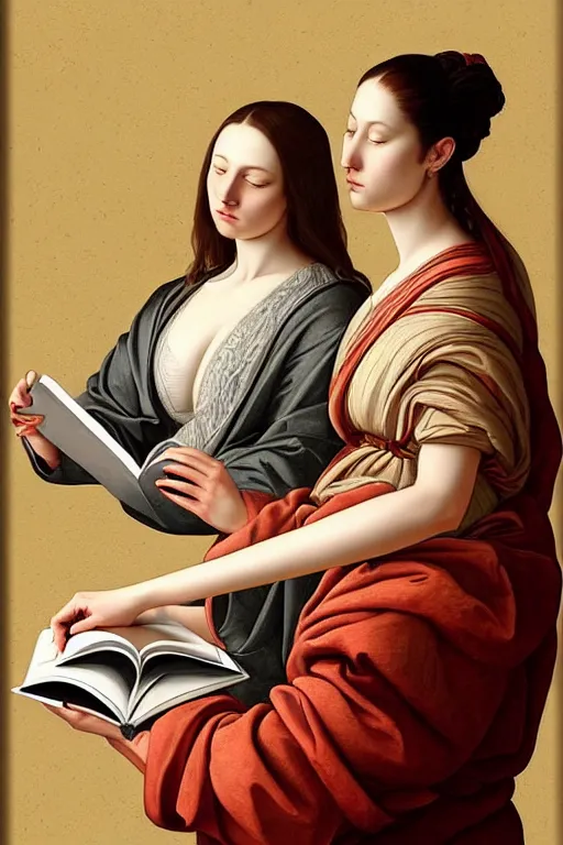 Image similar to portrait of two wise and very beautiful women reviewing some texts, art by tiziano, intricate, elegant, highly detailed, smooth, sharp focus, artstation