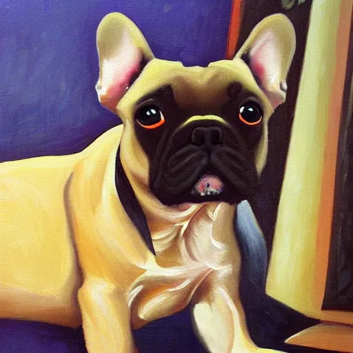 Image similar to french bulldog painting in the style of mona lisa