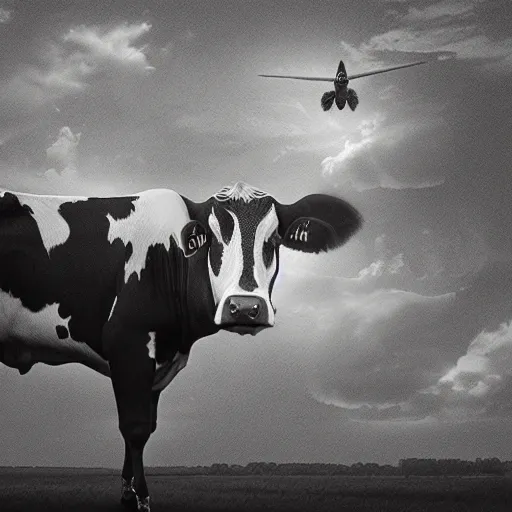 Prompt: a highly detailed ultra realistic photograph of a cow that is an airplane pilot