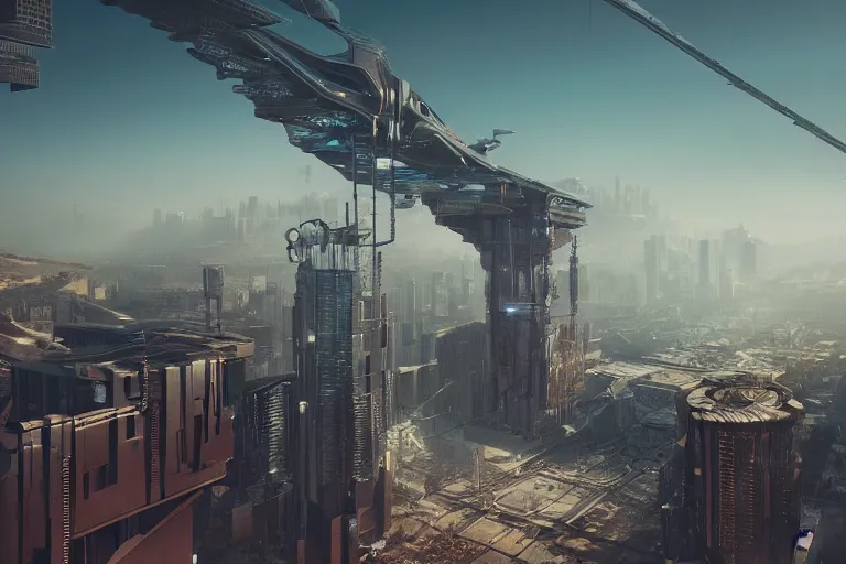 Image similar to majestic cyberpunk structure, space elevator, architecture of purification, virtual installation, ancient atmosphere, trending on artstation, behance, octane render, award winning, archviz, matte painting, sunrays, ethereal, desert, masterpiece, epic