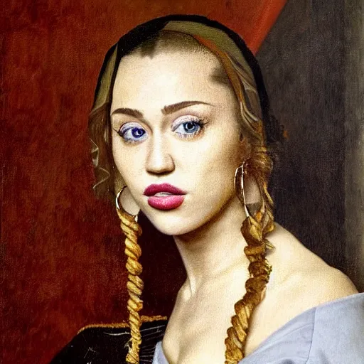 Prompt: portrait of Miley Cyrus, Johannes Vermeer, beautiful, high resolution,