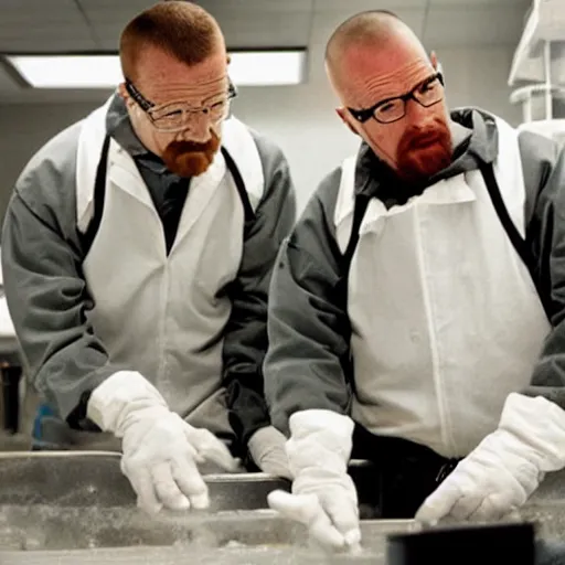 Image similar to walter white and jesse pinkman in gus frings underground laboratory making crystal covered donuts