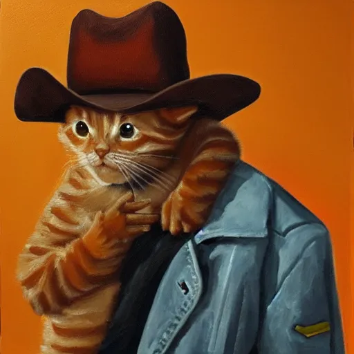 Image similar to a portrait of an orange kitten wearing a cowboy hat and a leather jacket, oil painting