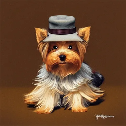 Image similar to The cutest yorkshire terrier wearing a fedora hat, concept art by Justin Gerard, trending on artstation