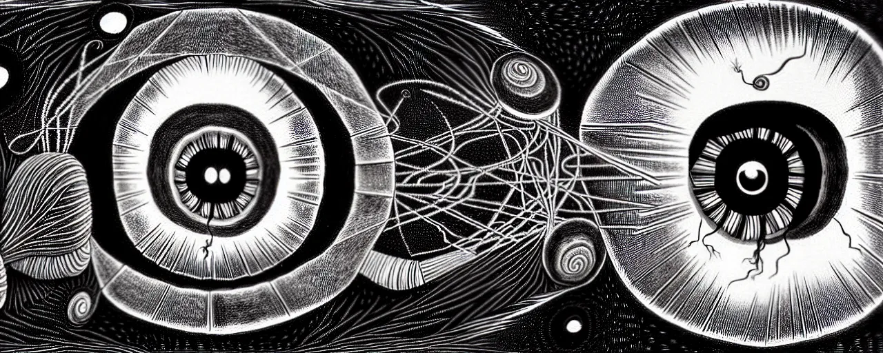 Image similar to a giant eyeball sings a unique canto about'as above so below'to the a cosmic cochlea, while being ignited by the spirit of haeckel and robert fludd, breakthrough is iminent, glory be to the magic within, in honor of saturn, painted by alex grey