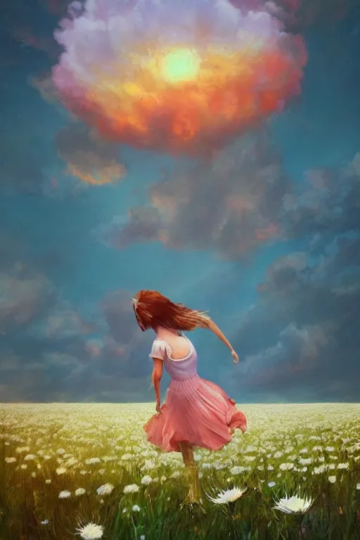 Image similar to exploding white daisy flower as head, girl dancing in a flower field, surreal photography, sunrise, dramatic light, impressionist painting, colorful clouds, digital painting, artstation, simon stalenhag