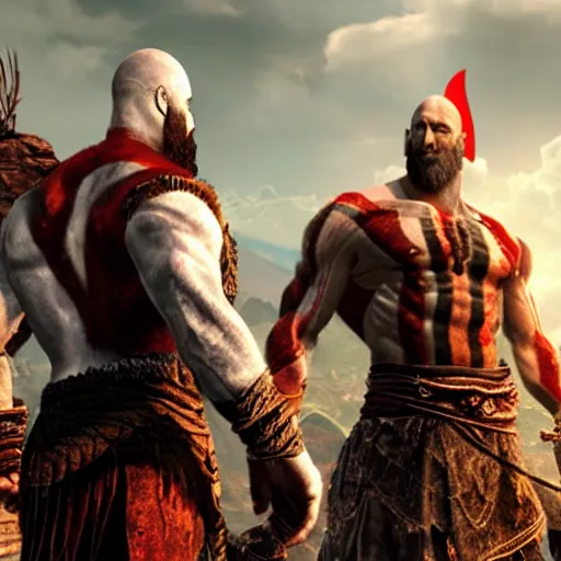 Prompt: title screen of the game god of war with Kratos and Spiderman high fiving