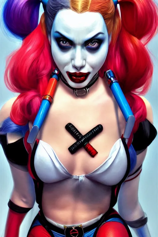 Image similar to Harley Quinn, wide angle, super highly detailed, professional digital painting, artstation, concept art, smooth, sharp focus, no blur, no dof, extreme illustration, Unreal Engine 5, Photorealism, HD quality, 8k resolution, cinema 4d, 3D, beautiful, cinematic, art by artgerm and greg rutkowski and alphonse mucha and loish and WLOP