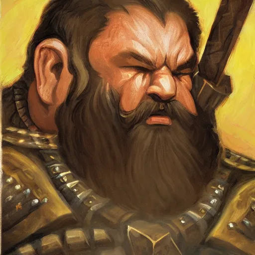 Image similar to A dwarven warrior holding his weapon backwards while crockeyed with a furrowed brow, oil painting, portrait, d&d, armored