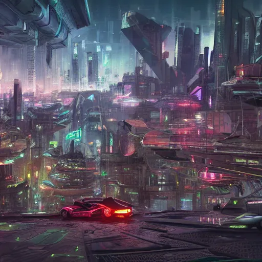 Prompt: futuristic city with neon lights and flying cars panoramic view surrounded by post apocalyptic wasteland, concept art, 4 k, intricate detail, sharp focus