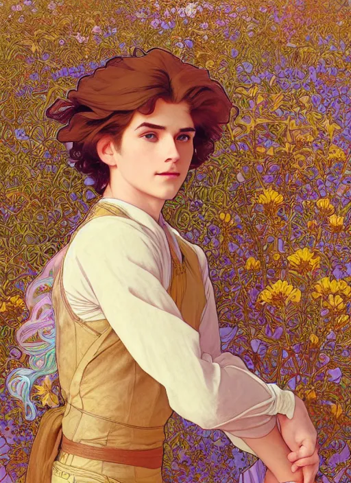 Image similar to pretty young man with shoulder length shiny shimmering golden blond hair, half body shot, emotional, decorative flower patterned background, path traced, highly detailed, high quality, digital painting, by studio ghibli and alphonse mucha, leesha hannigan, hidari, disney, jules bastien - lepage, art nouveau