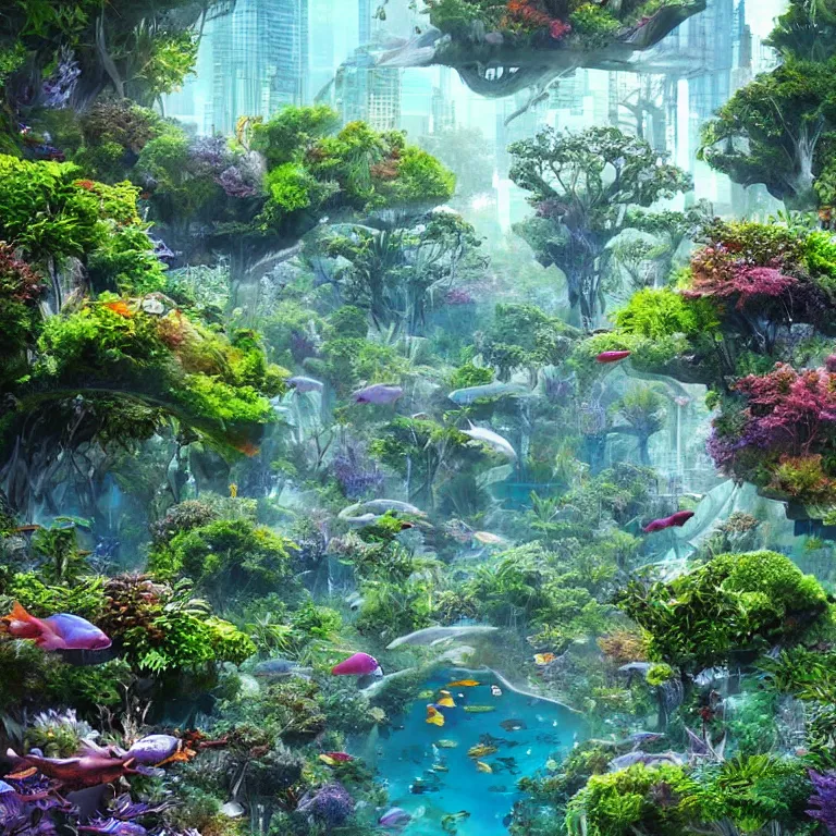 Image similar to Beautiful city of the future, overgrown with trees and plants. An aquarium. Beautiful artistic digital artwork by artist Lurid. (2022)