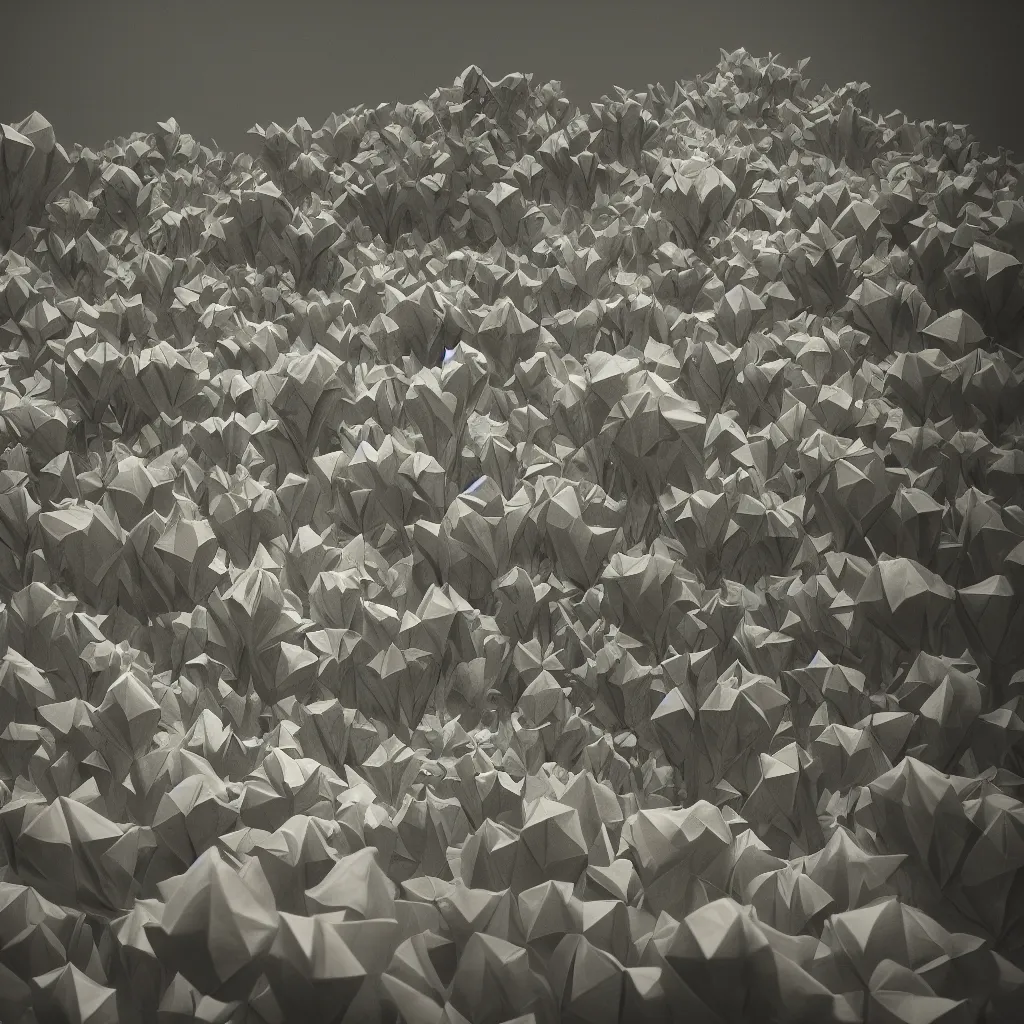 Image similar to photo of a origami hill with origami flowers growing from it, impressive, majestic, very atmospheric, cinematic, stunning, masterpiece, romantic, trending in artstation, very detailed. 4 k