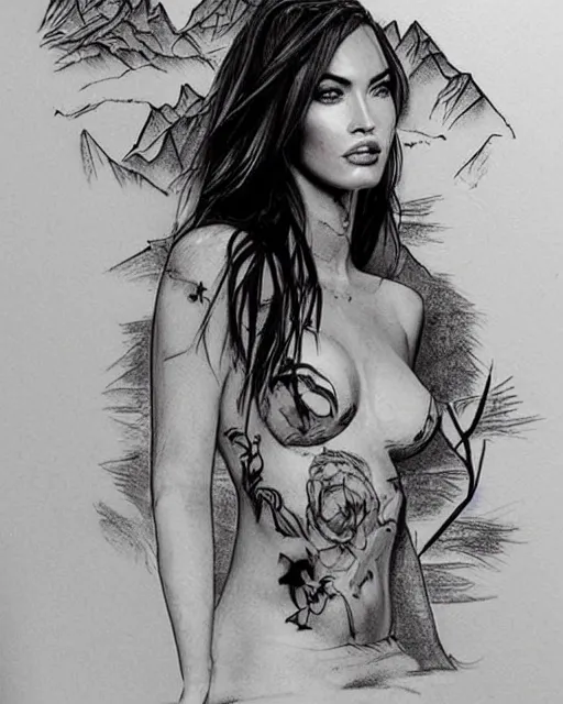 Image similar to creative double exposure effect tattoo design sketch of megan fox with beautiful mountains, realism tattoo, in the style of matteo pasqualin, amazing detail, sharp