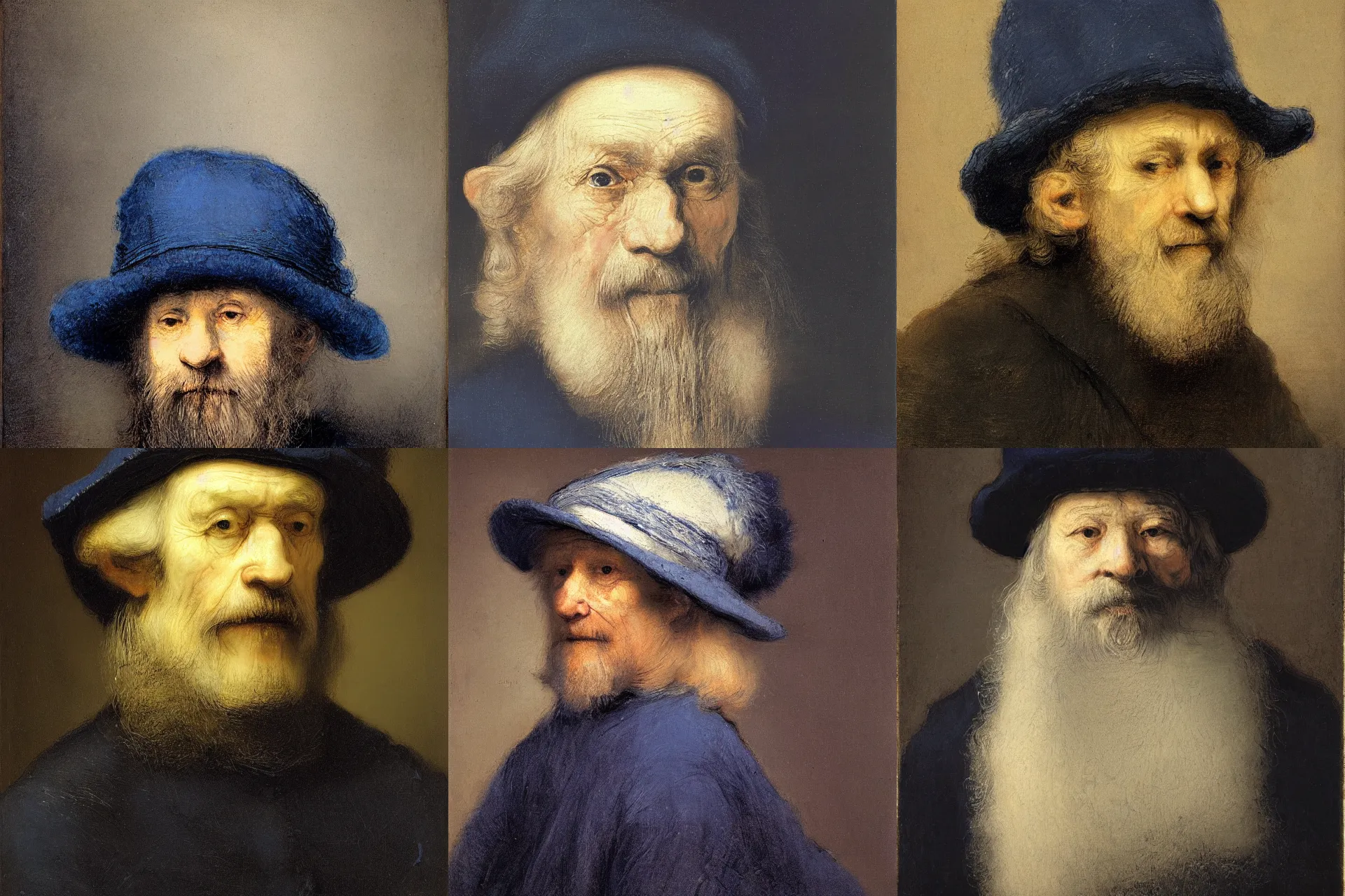 Prompt: A portrait of an old man white long wavy hair, wearing a dark blue hat painted by Rembrandt