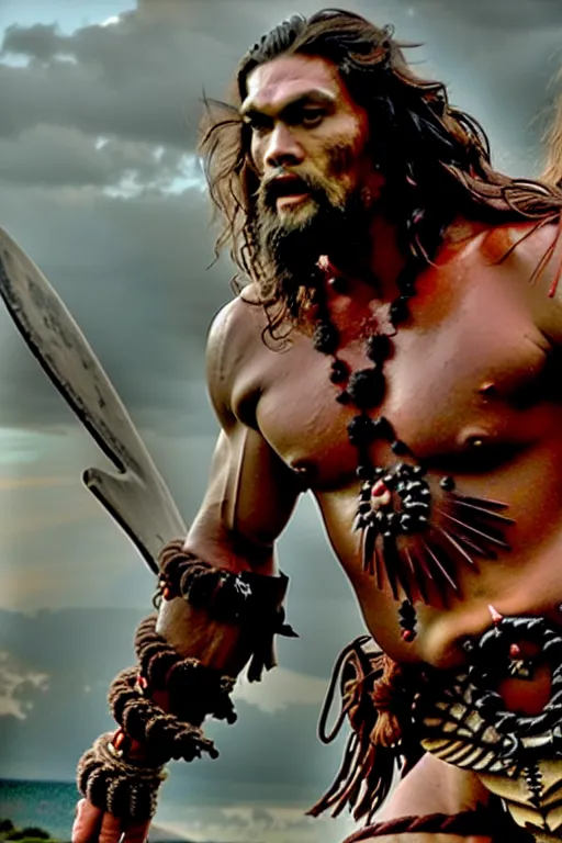 Image similar to film still from conan the barbarian, jason momoa as conan, wearing royal crimson fantasy ornate spartan dragon scale armor, volumetric lighting, wet skin and windblown hair, muscular!!!, battle action pose, ridley scott, high contrast