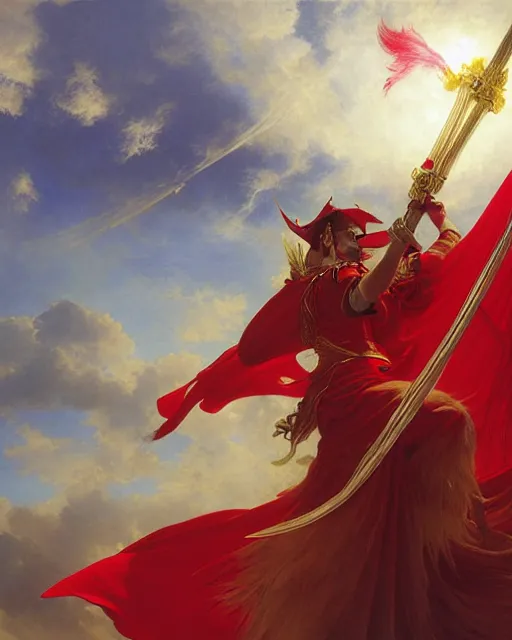 Image similar to A Full View of a Red Mage wearing red white and gold striped magical shining Conquistador armor and a feathered hat holding a staff of power surrounded by an epic cloudscape. Magus. Red Wizard. masterpiece. 4k digital illustration. by Ruan Jia and Artgerm and Andreas Rocha and William-Adolphe Bouguereau and Edmund Blair Leighton, award winning, Artstation, intricate details, realistic, Hyperdetailed, 8k resolution