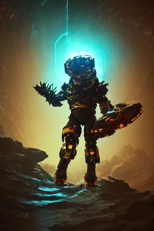 Prompt: strange creature in dead space space suit radiating a glowing aura with dark background, horizon forbidden west horizon zero dawn global illumination ray tracing hdr fanart arstation by ian pesty and alena aenami artworks in 4 k tribal robot ninja mask helmet backpack