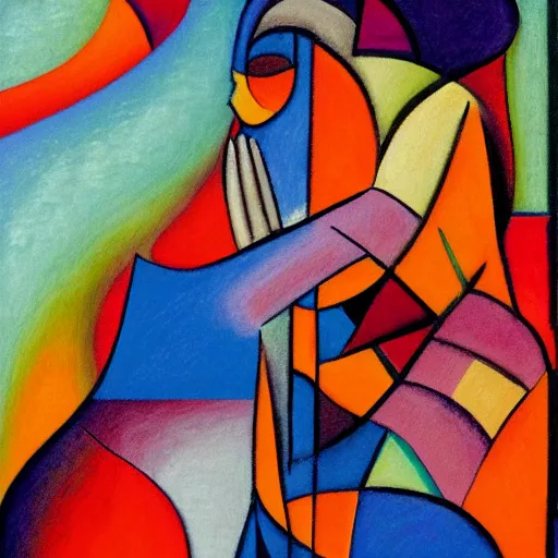 Prompt: woman watches the fast flowing river as it enters the ocean and gathers up the colors and dreams of her community, abstract art in the style of cubism and georgia o keefe,