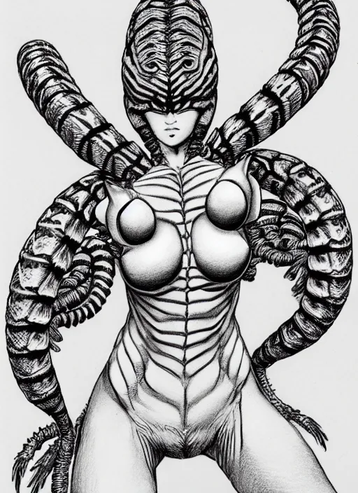 Image similar to line art pencil drawing of a scolopendra that turns into a woman, art by shinichi sakamoto and kentaro miura