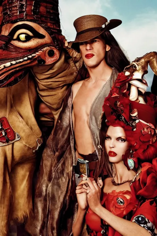 Image similar to dolce & gabbana campaign featuring jar jar binks as a female cowgirl, long eyeslashes, huge juicy lips, big seductive eyes, shot by mario testino, realistic vfx simulation