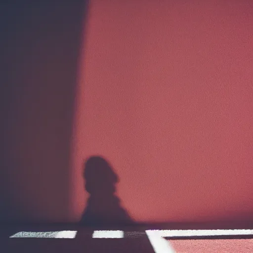 Prompt: her shadow is defined by her perfect shape cast in red light along the floor below