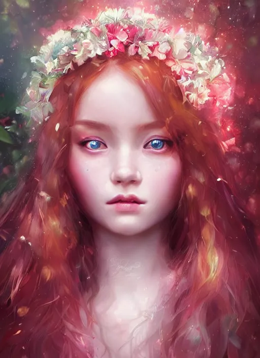 Image similar to a gorgeous flower princess portrait by WLOP, big emerald eyes, red hair, digital painting, beautiful lighting, mystical, detailed flowers, cgsociety