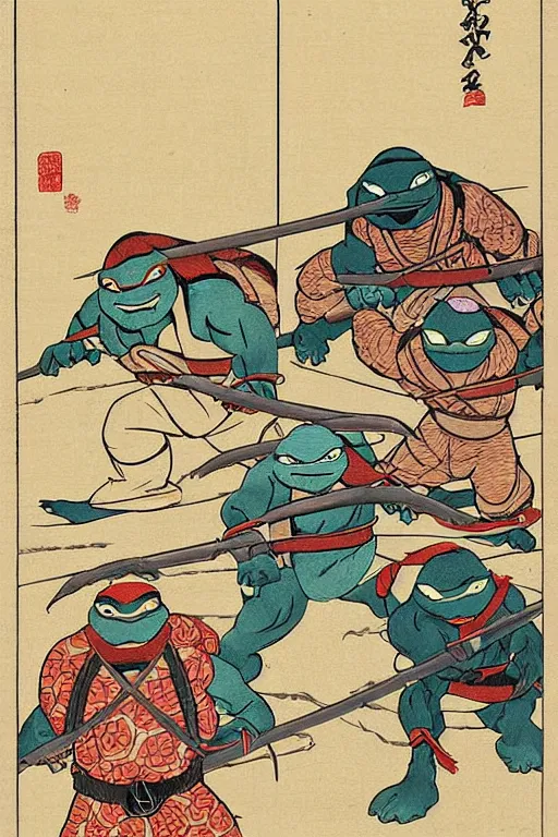 Prompt: Teenage Mutant Ninja Turtles in Japanese ukiyo-e ukiyo-ye woodblock print by Moronobu