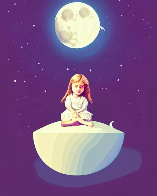 Image similar to beautiful painting of little girl sitting on her flying bed and looking at the moon, art by petros afshar, sky night, illustration, highly detailed, simple, smooth and clean vector curves, no jagged lines, vector art, smooth, artstation