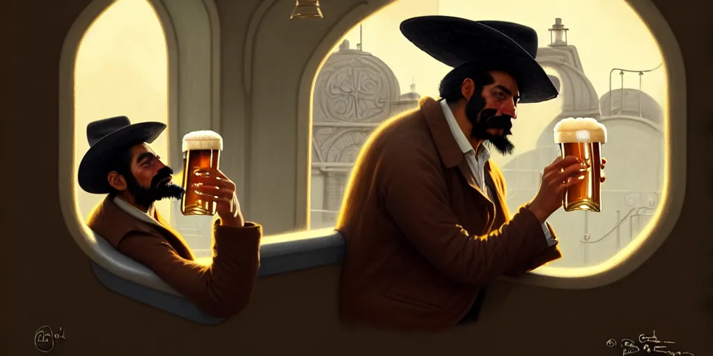 Image similar to a illustration of a mexican man with hat drinking a beer on train station, fantasy, intricate, elegant, highly detailed, digital painting, artstation, concept art, matte, sharp focus, art by aenaluck and roberto ferri and greg rutkowski, epic, juan caloto, juice ipa