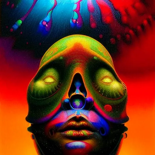 Image similar to An extremely psychedelic experience, colorful, surreal, dramatic lighting, cosmonaut, LSD, face, detailed, intricate, elegant, highly detailed, digital painting, artstation, concept art, smooth, sharp focus, extremely detailed golden ratio illustration, Neo-Gothic, gothic, rich deep colors. masterpiece. Beksinski painting. Created by Sam Spratt, San Mumford, Artem Demura and Alphonse Mucha