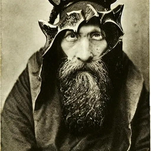 Image similar to hermit alchemist wearing scary headmask made of wood, 1900s photograph