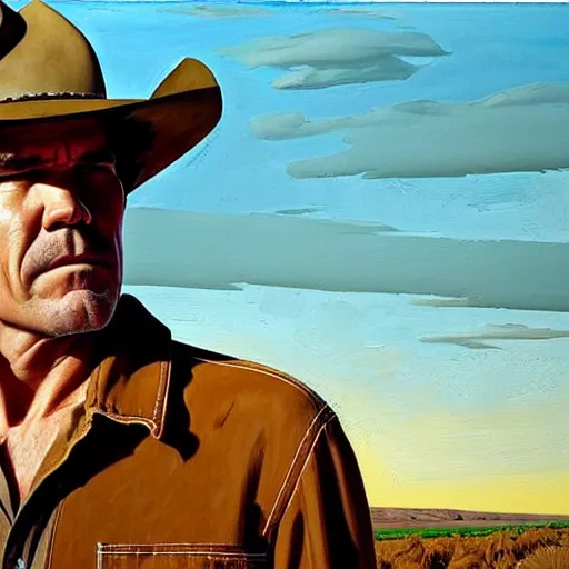Prompt: portrait of josh brolin as llewelyn moss in no country for old men. 7 0 s cowboy clothes and environment. flat colours. oil painting by lucian freud. path traced, highly detailed, high quality, j. c. leyendecker, drew struzan tomasz alen kopera, peter mohrbacher, donato giancola