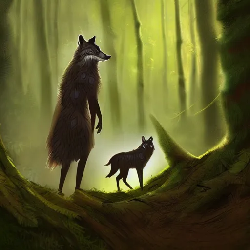 Image similar to a woodland druid in a forest with a wolf bird and racoon, photorealistic, in the style of greg rutkowski, digital painting