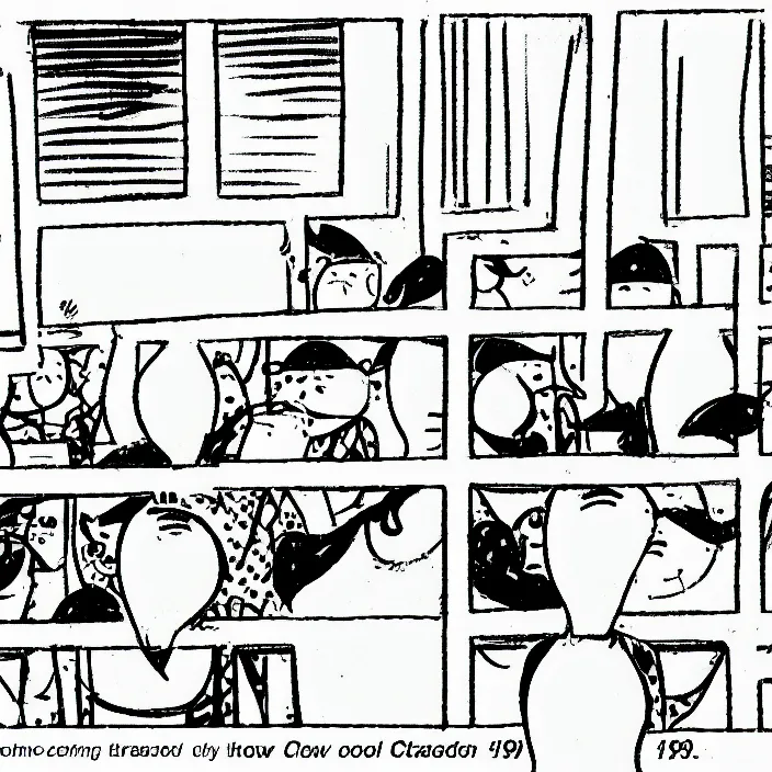 Prompt: a still frame from comic strip a classroom full of birds 1 9 9 0, new yorker illustration, monochrome contrast bw, lineart, manga, simplified