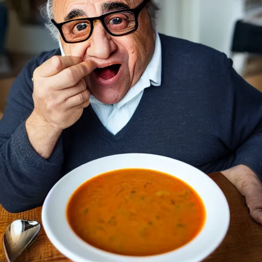 Image similar to danny devito eating soup ( sony a 7 r iv, symmetric balance, polarizing filter, photolab, lightroom, 4 k, dolby vision, photography awardm, voque, perfect face )