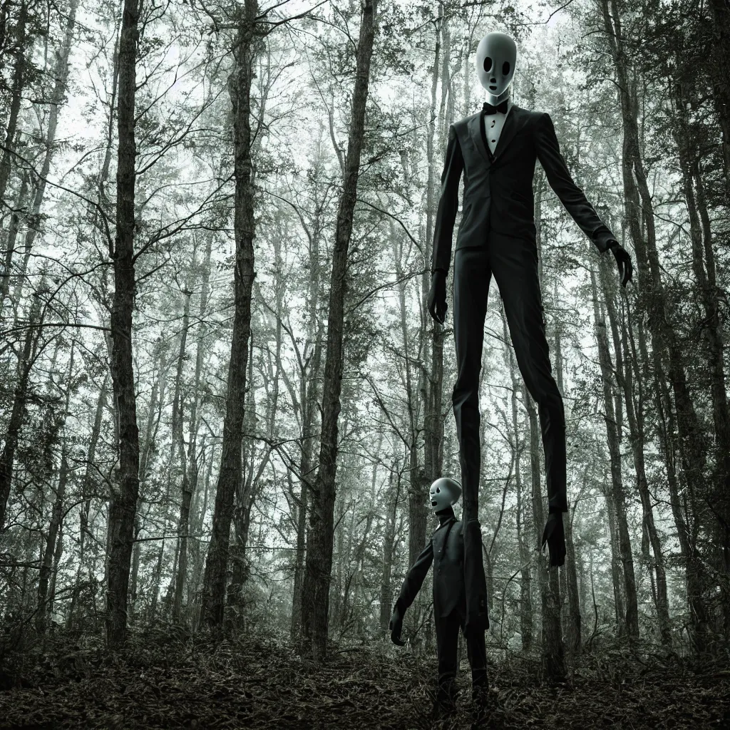 Image similar to cinematic still of slenderman in eerie dark forest, XF IQ4, f/1.4, ISO 200, 1/160s, 8K, RAW, dramatic lighting, symmetrical balance, in-frame