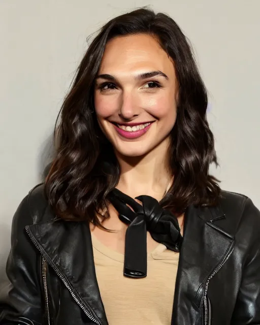 Image similar to headshot of a smiling, gal gadot, she is wearing a leather bomber cap on her head, she is also wearing an a 2 flight jacket, a long green wool scarf is wrapped around her neck