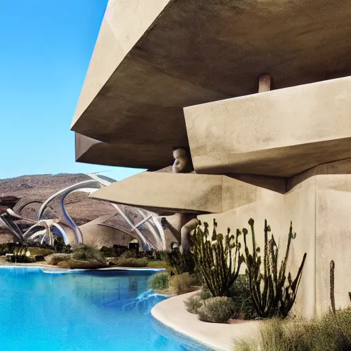 Image similar to brutalism conceptual hotel in the desert, biophilia mood, pool, garden, highly detailed, cinematic, photorealistic,