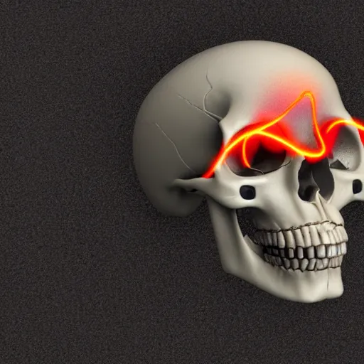 Image similar to real human skull with circular electronic eyes, emitting orange light