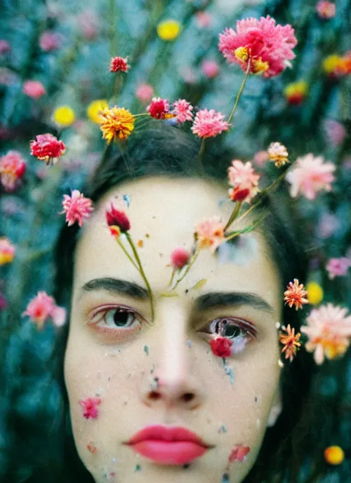 Prompt: extra close-up, color film photography, portrait of beautiful melting monster with flowers in heads, 35mm, film photo