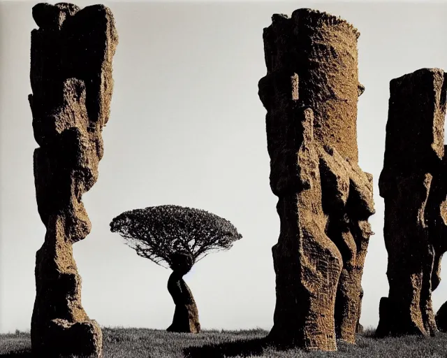 Image similar to by bruce davidson, by andrew boog faithful redscale photography evocative. a beautiful carved kinetic sculpture of a gold and obsidian brutalist exploded humanoid diagram tree of evolution - like creature, standing in front of a castle atop a cliff.