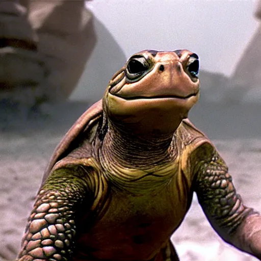 Prompt: a film still of anthropomorphic turtle ( from the bible ) in star wars 1 9 7 7, realistic, photorealistic, detailed,