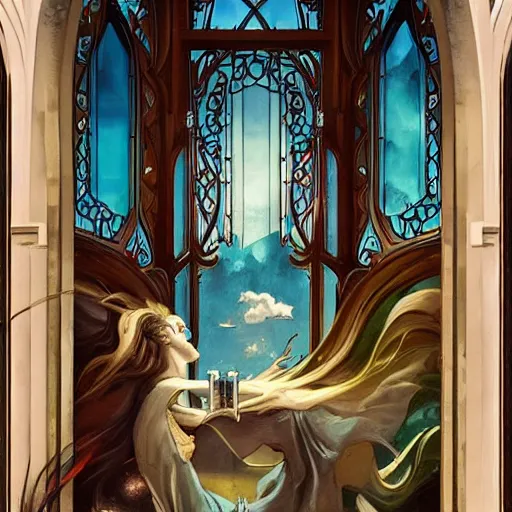 Image similar to beautiful large window with four panes, four yearseason is represented by peter mohrbacher, art nouveau, landscape, cinematic