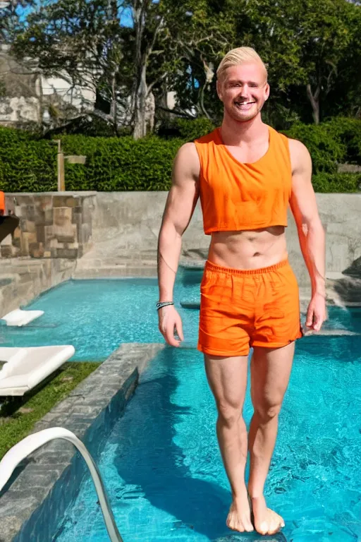 Prompt: a handsome man with blonde hair who is also a male android, ken, muscular, wearing a cut-off white crop top and short light orange shorts stands by a swimming pool, shiny skin, candid smile