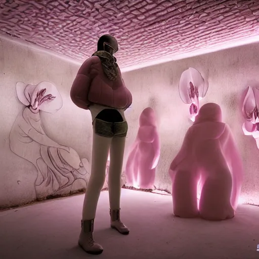 Prompt: photorealistic underground dance club, chinese exquisite carving sculpture, the sculpture is inflatable, fog pink hell themed, bosch paintings on walls, fog pink orchids growing on people, the human body is slowly merging with the sculpture, phantom, francis bacon, people wear surreal dramatic down jackets designed by jean - paul gaultier, epic photorealistic octane render ， hd film camera