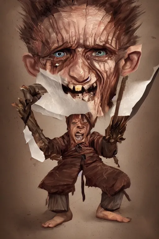 Prompt: A deranged tiny filthy halfling looking like Willem Dafoe wearing long dark damaged ripped robes showing a magic paper scroll, camera looking down upon, long fingernails, unclipped fingernails, sharp fingernails, focus on face, sharp focus, digital painting, trending on artstation, concept art, fantasy, medieval